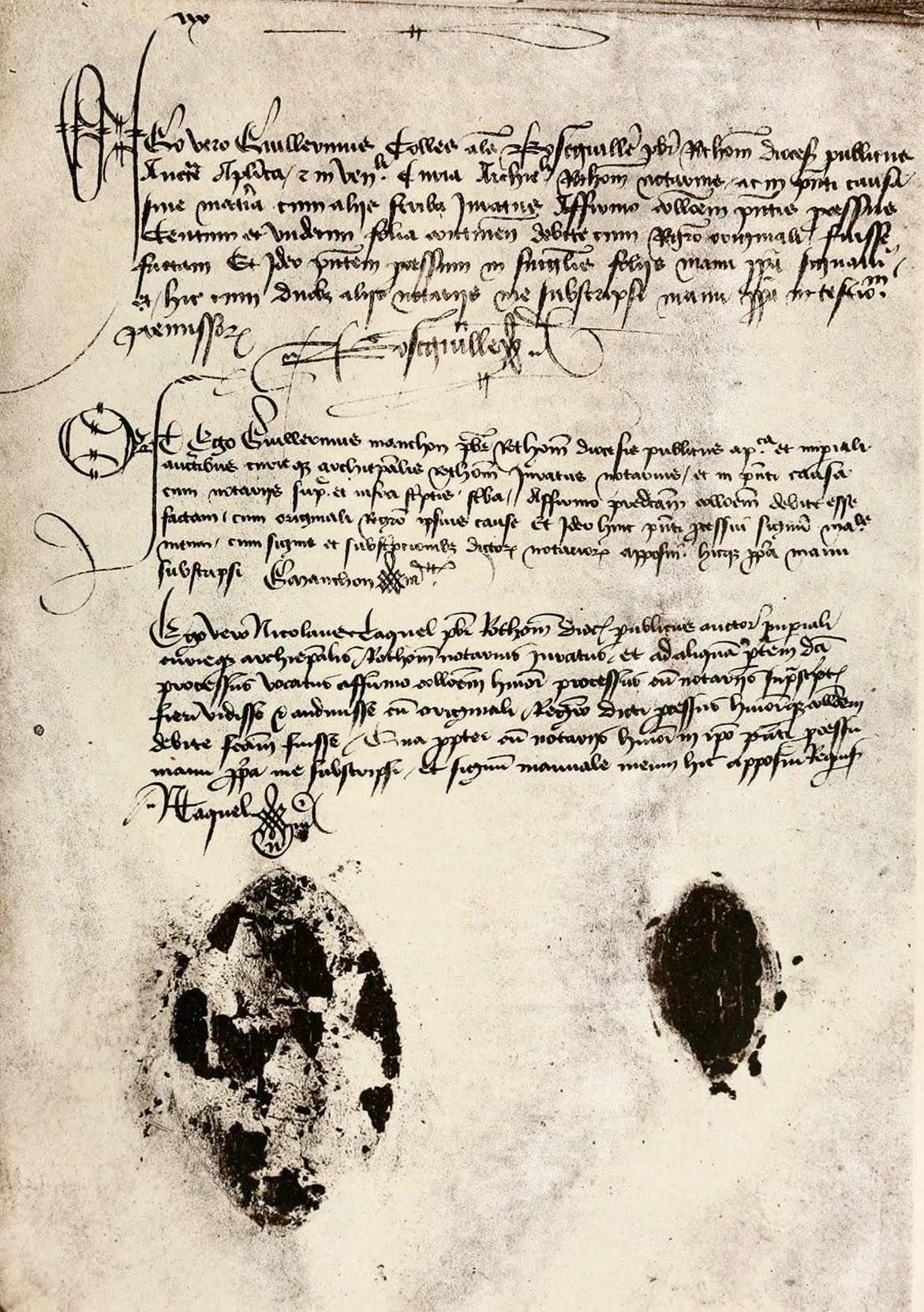 Fac-similé du Ms. du Procès de condamnation de Jeanne d'Arc (A). Bibliothèque de la Chambre des Députés, Ms. 1119. Attestation et signatures des trois notaires. Sceau de l'Évêque. Sceau de l'inquisiteur