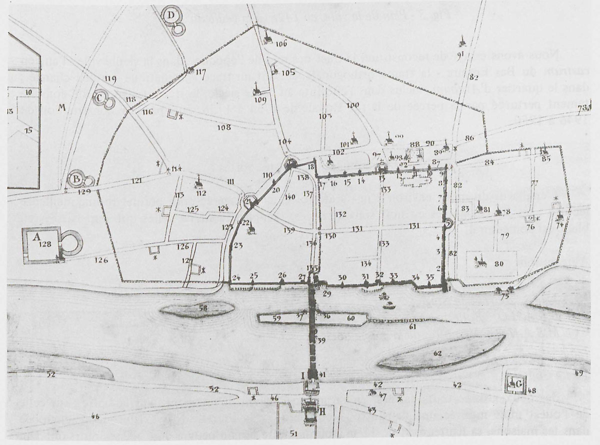 Plan d’Orléans d'après l’abbé Dubois, 1823 (Jacques Debal, La topographie de l’enceinte fortifiée d’Orléans au temps de Jeanne d’Arc, dans Jeanne d’Arc, une époque, un rayonnement, colloque d’histoire médiévale, Orléans, octobre 1979)