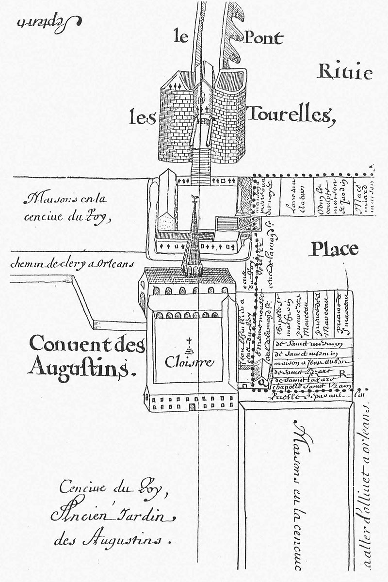 Les Tourelles en 1500, d’après le plan dessiné par Fleury en 1676 (Jacques Debal, La topographie de l’enceinte fortifiée d’Orléans au temps de Jeanne d’Arc, dans Jeanne d’Arc, une époque, un rayonnement, colloque d’histoire médiévale, Orléans, octobre 1979)
