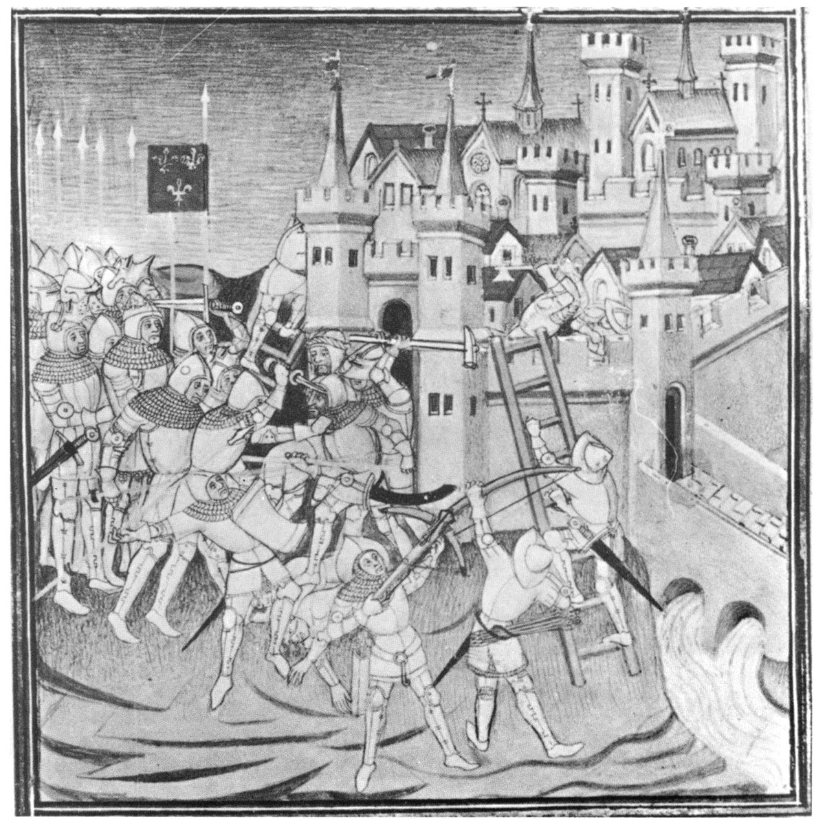 Prise d'Avignon par Charles Martel, Grandes Chroniques de France, ~1420 (François Garnier, Iconographie de la guerre de siège au temps de Jeanne d’Arc, dans Jeanne d’Arc, une époque, un rayonnement, colloque d’histoire médiévale, Orléans, octobre 1979)