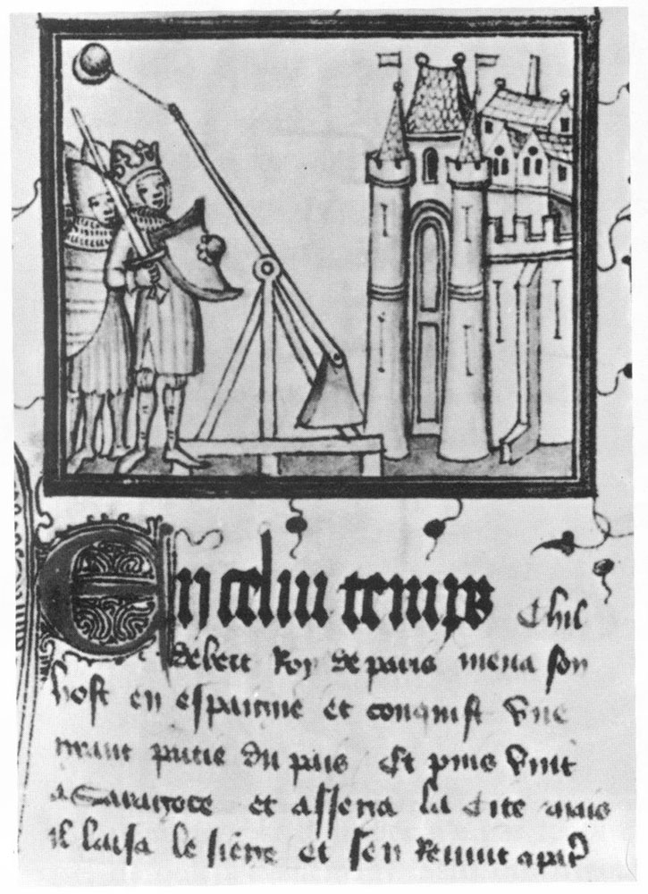 Siège de Sarragosse par Childebert en 531, Fleur des Chroniques de Bernard Gui, ~1500 (François Garnier, Iconographie de la guerre de siège au temps de Jeanne d’Arc, dans Jeanne d’Arc, une époque, un rayonnement, colloque d’histoire médiévale, Orléans, octobre 1979)