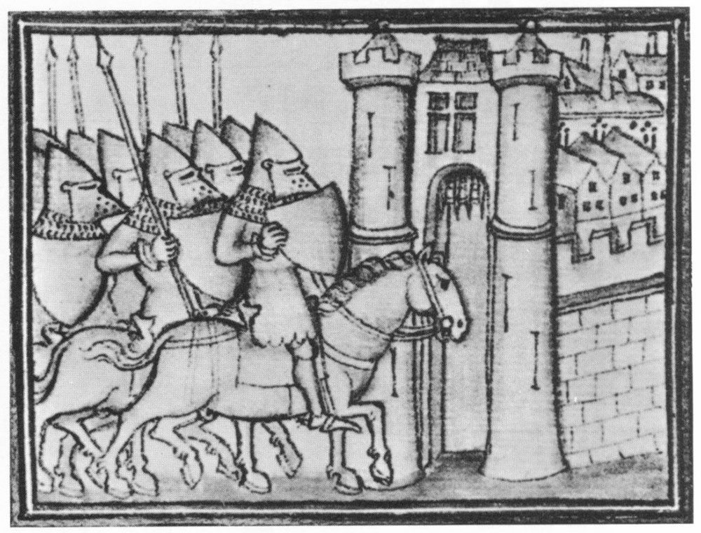 Siège de Sarragosse par Childebert en 531, Fleur des Chroniques de Bernard Gui, ~1500 (François Garnier, Iconographie de la guerre de siège au temps de Jeanne d’Arc, dans Jeanne d’Arc, une époque, un rayonnement, colloque d’histoire médiévale, Orléans, octobre 1979)