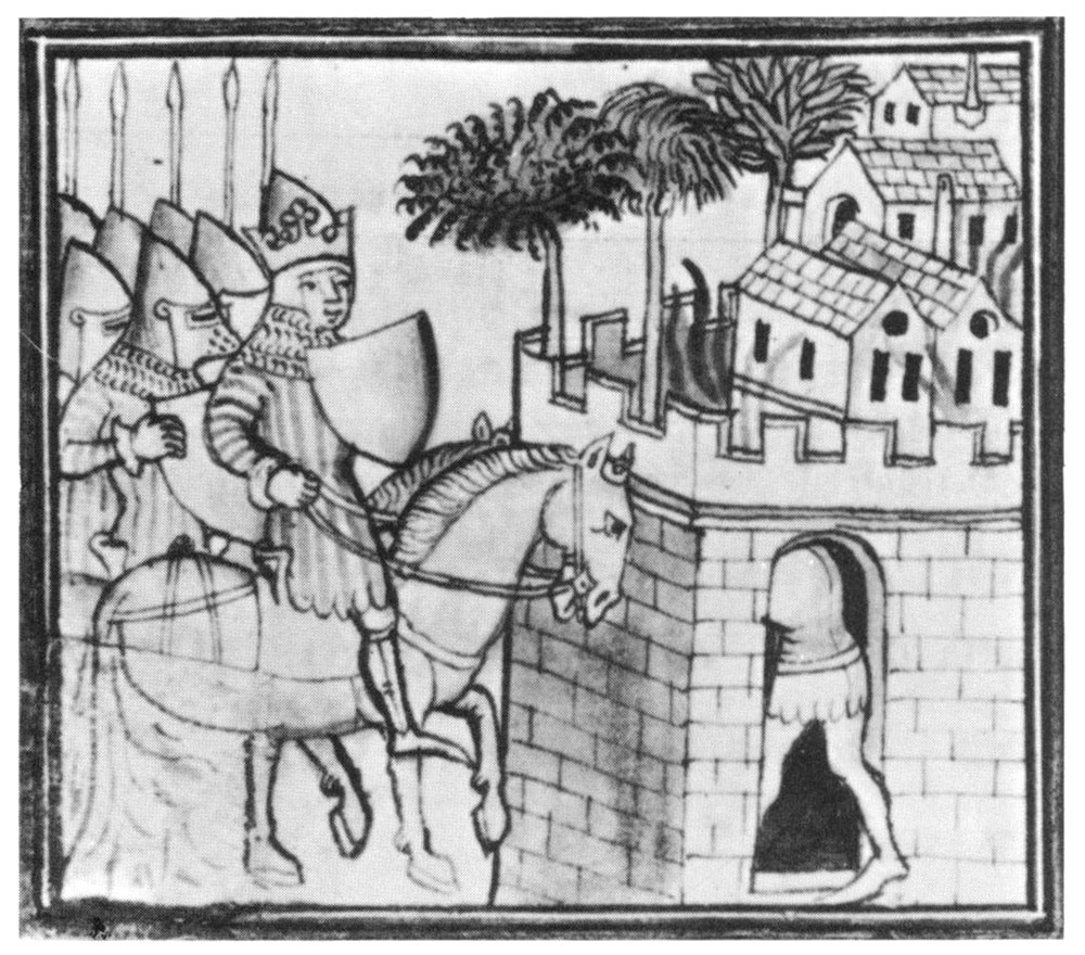 Siège de Sarragosse par Childebert en 531, Fleur des Chroniques de Bernard Gui, ~1500 (François Garnier, Iconographie de la guerre de siège au temps de Jeanne d’Arc, dans Jeanne d’Arc, une époque, un rayonnement, colloque d’histoire médiévale, Orléans, octobre 1979)