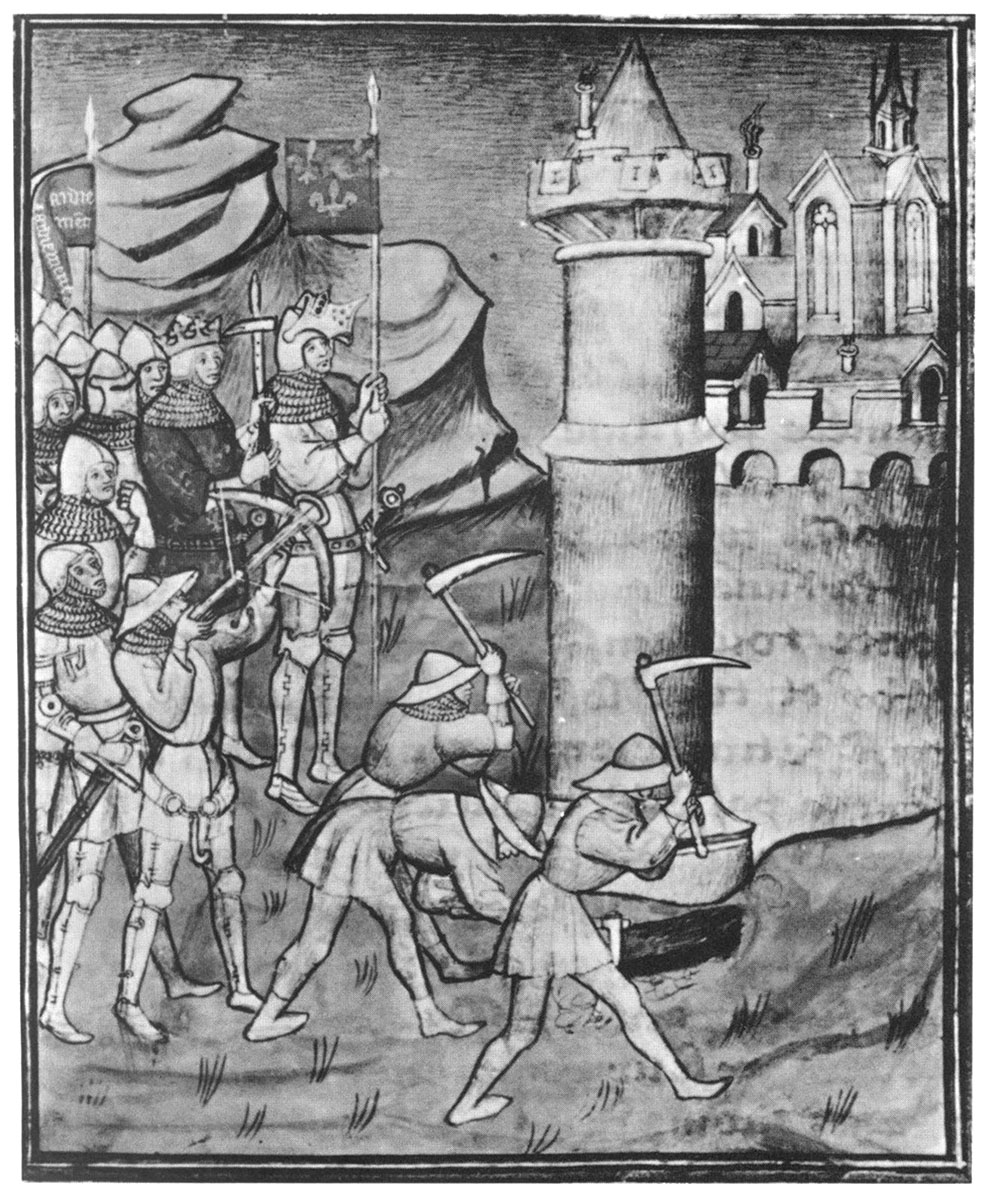 Prise du Mans par Philippe Auguste en 1189, Grandes Chroniques de France, ~1420 (François Garnier, Iconographie de la guerre de siège au temps de Jeanne d’Arc, dans Jeanne d’Arc, une époque, un rayonnement, colloque d’histoire médiévale, Orléans, octobre 1979)