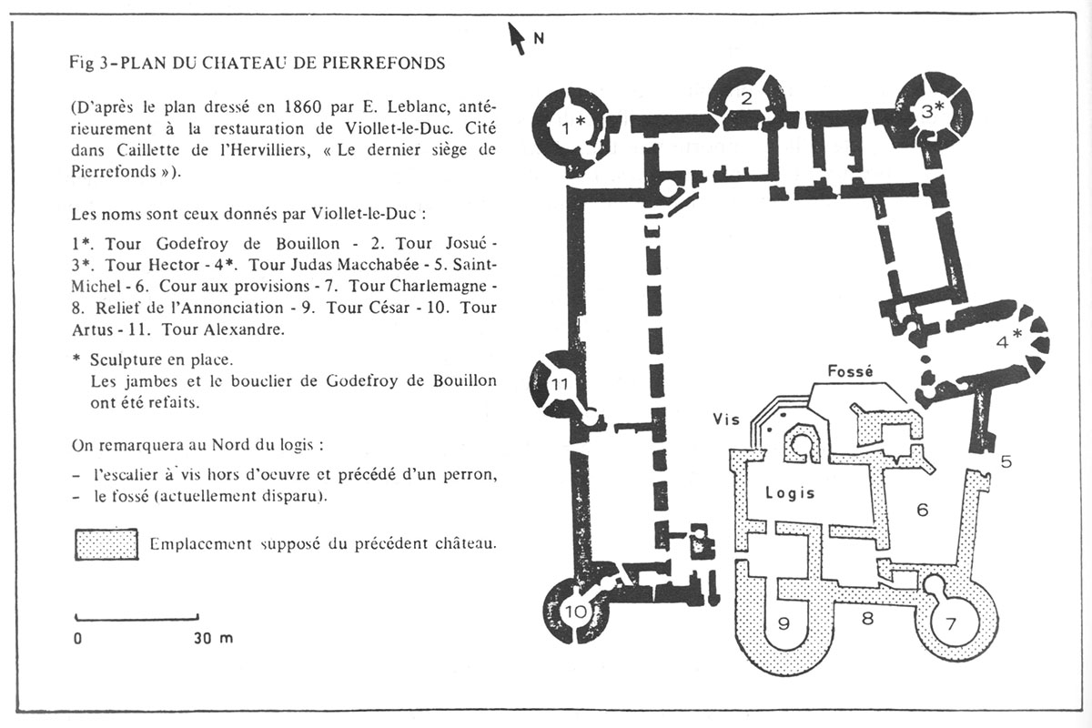 Plan du château de Pierrefonds, d’après le plan dressé ej 1860 par E. Leblanc (Claude Ribéra-Pervillé, Aspects du mécénat de Louis Ier d’Orléans, dans Jeanne d’Arc, une époque, un rayonnement, colloque d’histoire médiévale, Orléans, octobre 1979)