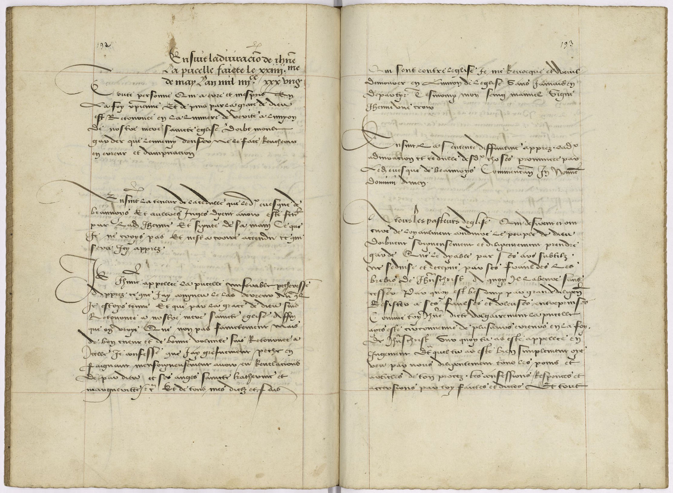 Manuscrit 518 d’Orléans, texte de l’abjuration de Jeanne d’Arc (p. 192 et 193)