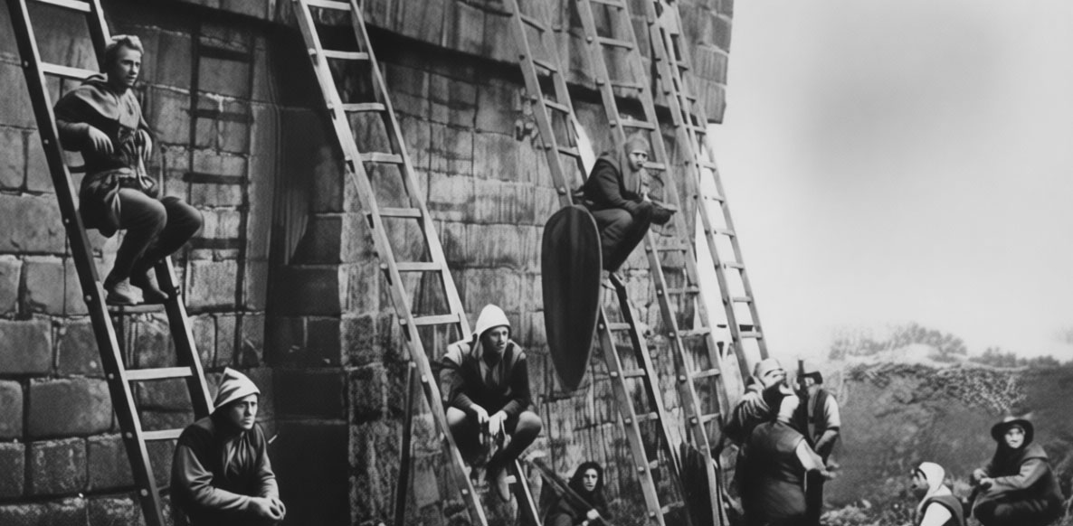 Ces mercenaires sont des acrobates qui plongeront du haut des remparts, avant de devenir des morts historiques. (Tournage du film sur Jeanne d’Arc avec Ingrid Bergman, Cinévie du 13 janvier 1948)