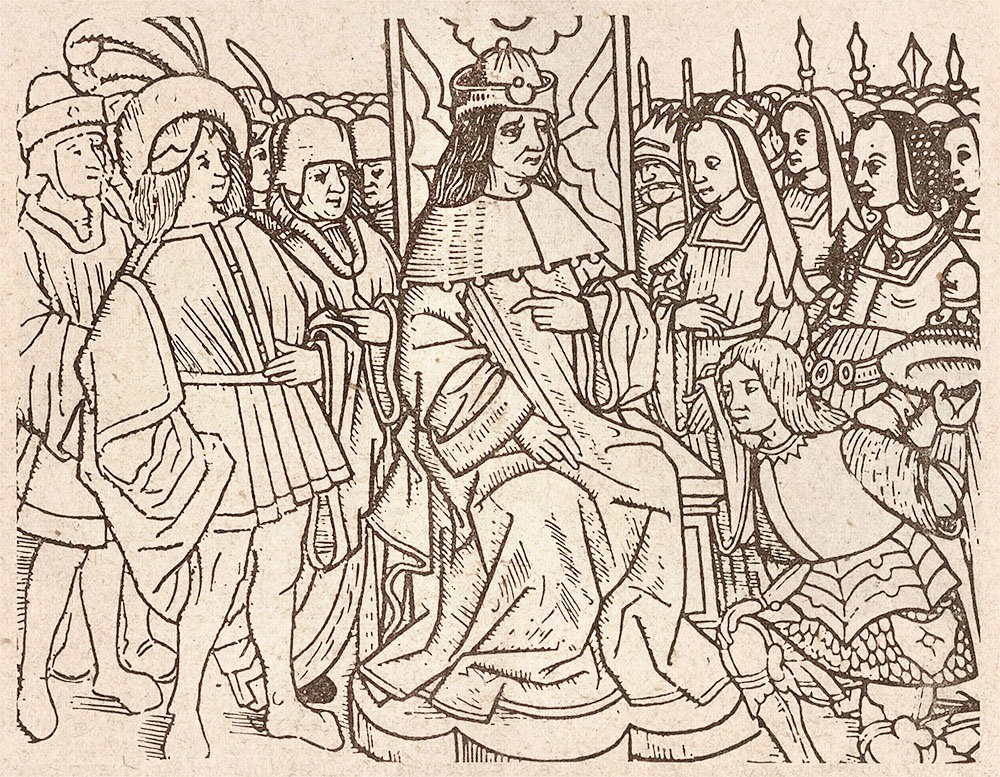 Présentation de Jeanne d’Arc à Charles VII, gravure sur bois du XVe s.