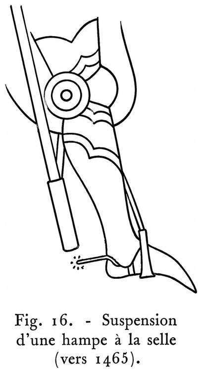 Suspension d’une hampe à la selle (vers 1465)
