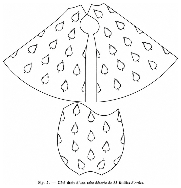 Côté droit d’une robe décorée de 83 feuilles d’orties