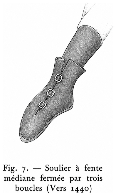 Soulier à fente médiane fermée par trois boucles (vers 1440)