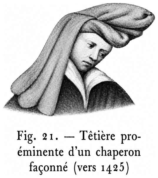 Têtière proéminente d’un chaperon façonné (vers 1425)