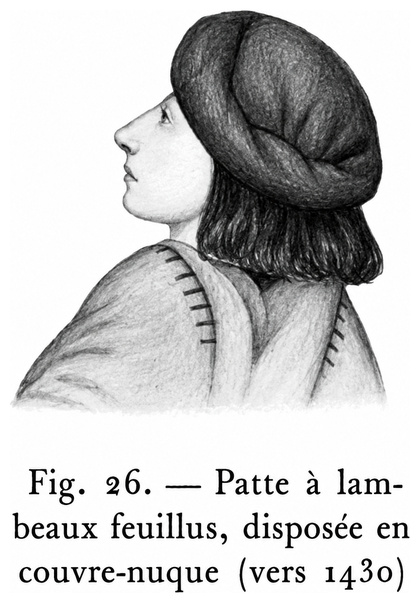 Patte à lambeaux feuillus, disposée en couvre-nuque (vers 1430)