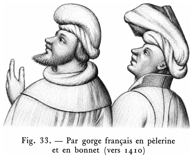 Par gorge français en pèlerine et en bonnet (vers 1410)