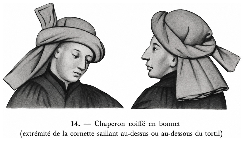 Chaperon coiffé en bonnet (extrémité de la cornette saillant au-dessus ou au-dessous du tortil)