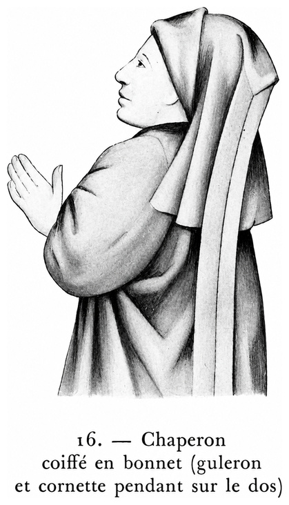 Chaperon coiffé en bonnet (guleron et cornette pendant dans le dos)