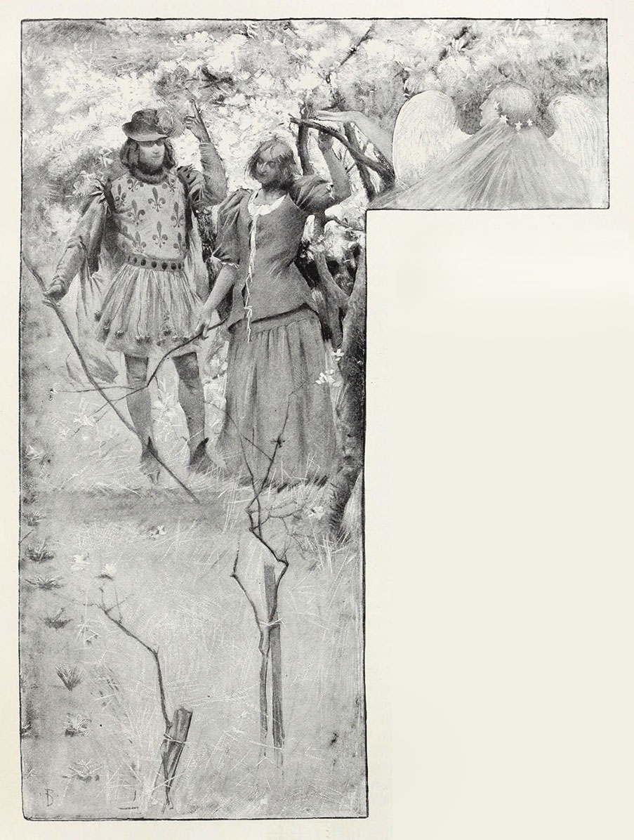 Louis de Conte et Jeanne dans les bois : Mark Twain, Jeanne d'Arc, illustration de Frank DuMond, 1895