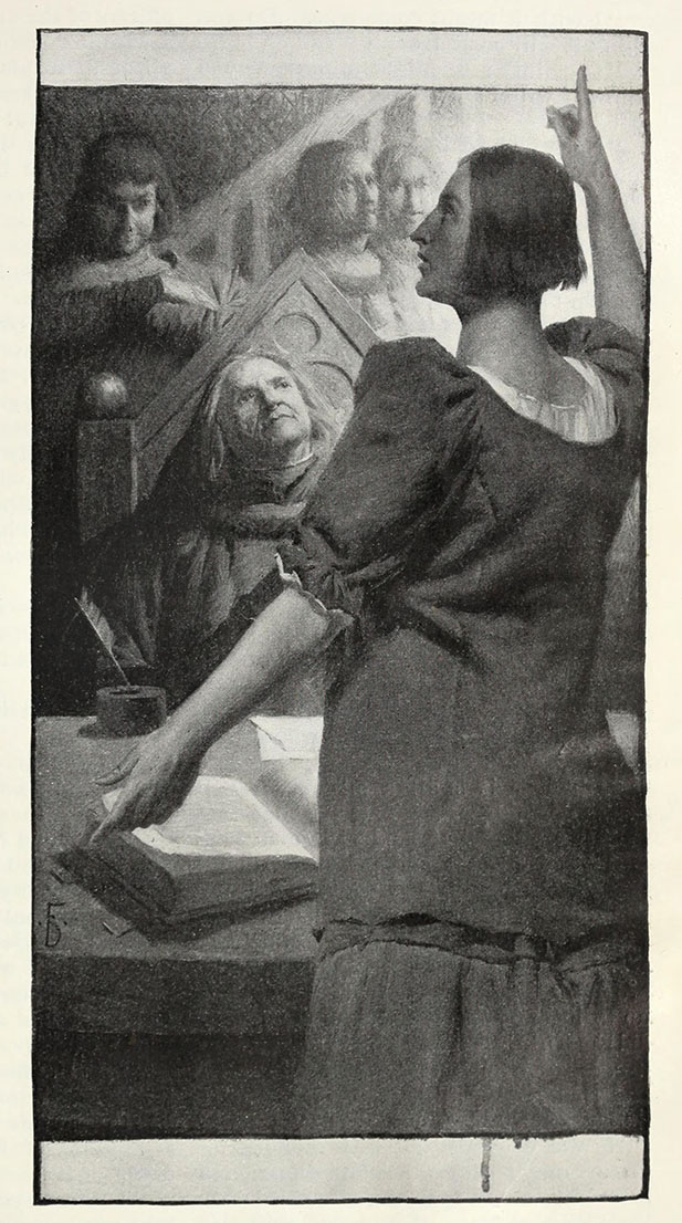 Jeanne déconcerte les théologiens : Mark Twain, Jeanne d'Arc, illustration de Frank DuMond, 1895