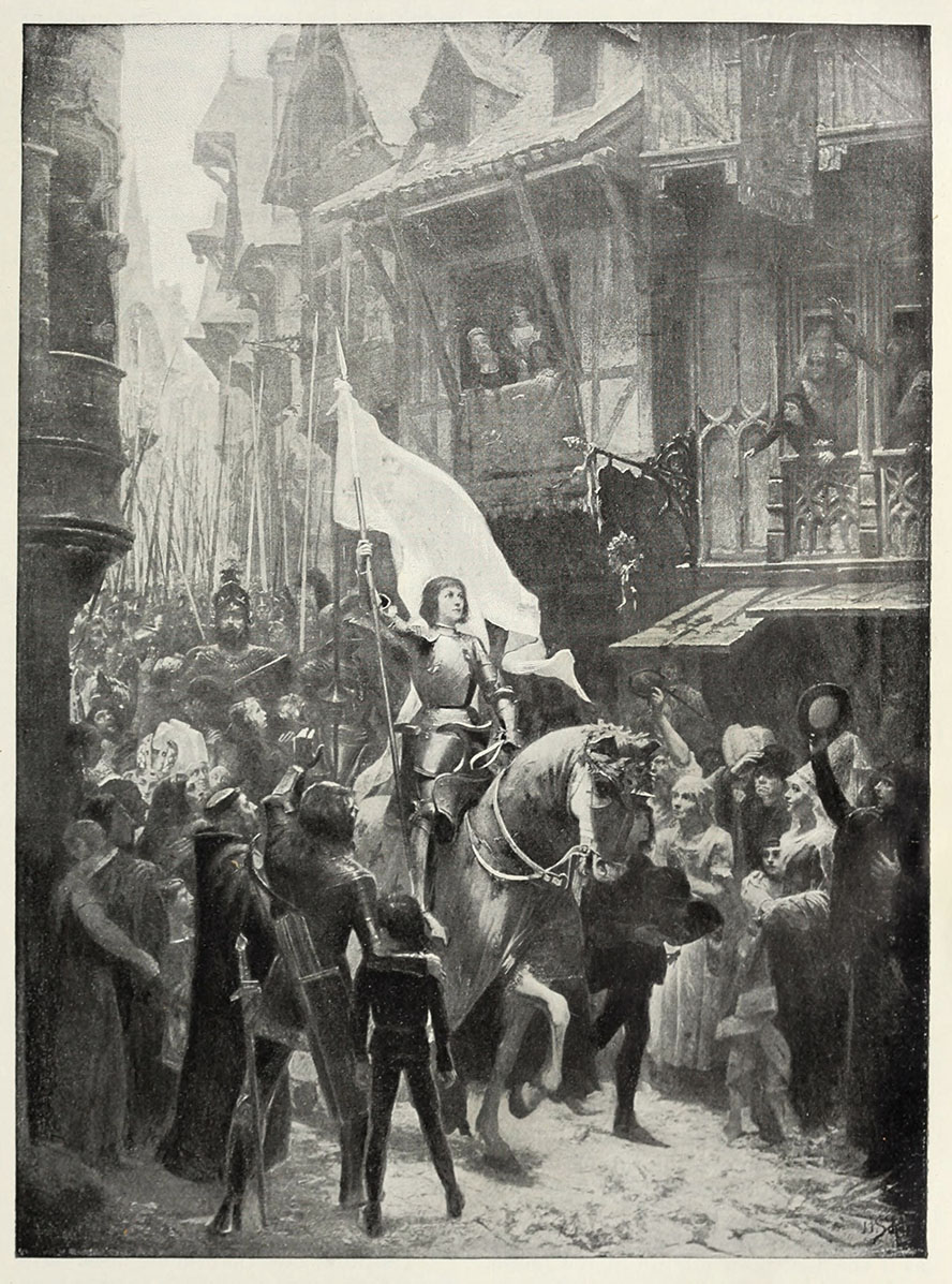 Jeanne entre dans Orléans, d’après Scherrer : Mark Twain, Jeanne d'Arc, illustration de Frank DuMond, 1895