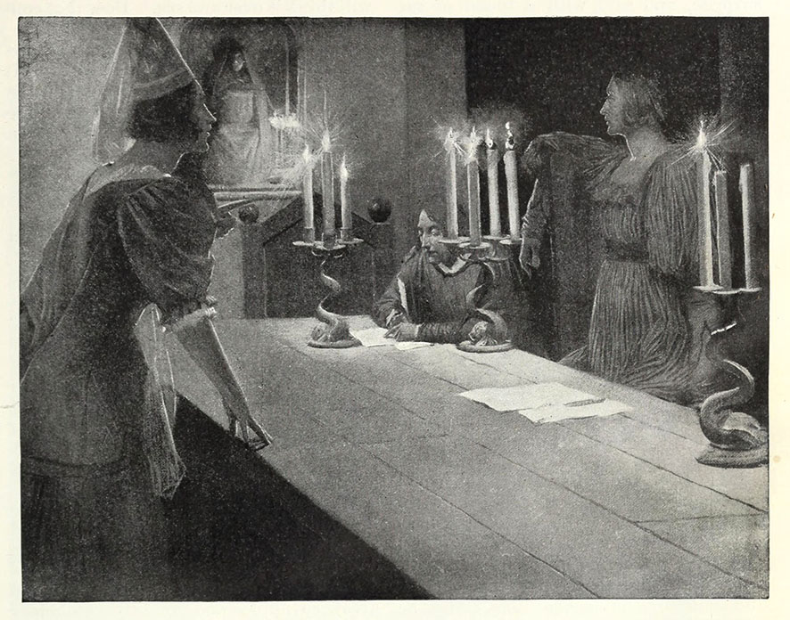 Jeanne dictant une lettre à ses parents : Mark Twain, Jeanne d'Arc, illustration de Frank DuMond, 1895