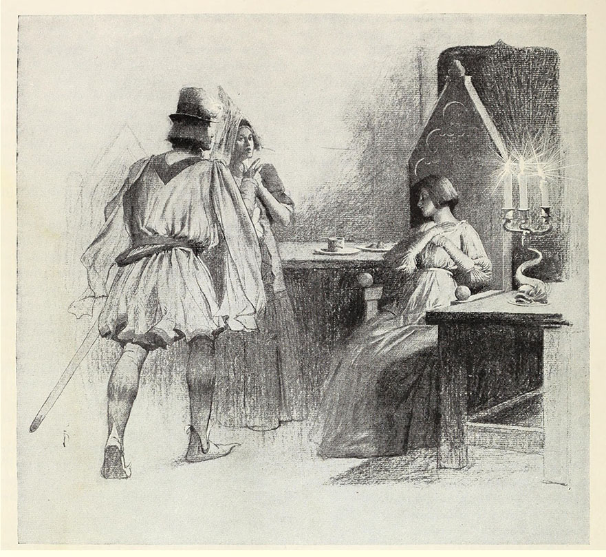 Jeanne prophétise sa mort devant Catherine Boucher et Louis de Conte : Mark Twain, Jeanne d'Arc, illustration de Frank DuMond, 1895