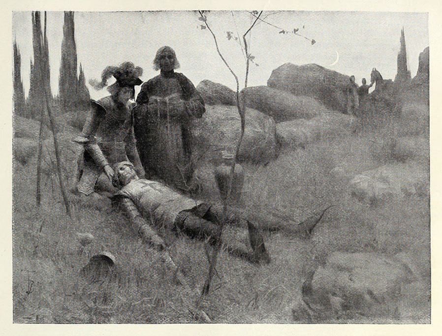 Jeanne console un soldat anglais blessé : Mark Twain, Jeanne d'Arc, illustration de Frank DuMond, 1895