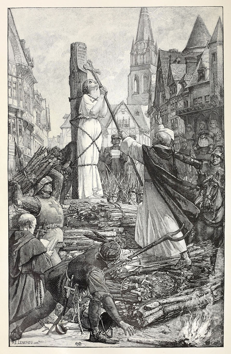 Jeanne sur le bûcher d’après Lenepveu : Mark Twain, Jeanne d'Arc, illustration de Frank DuMond, 1895