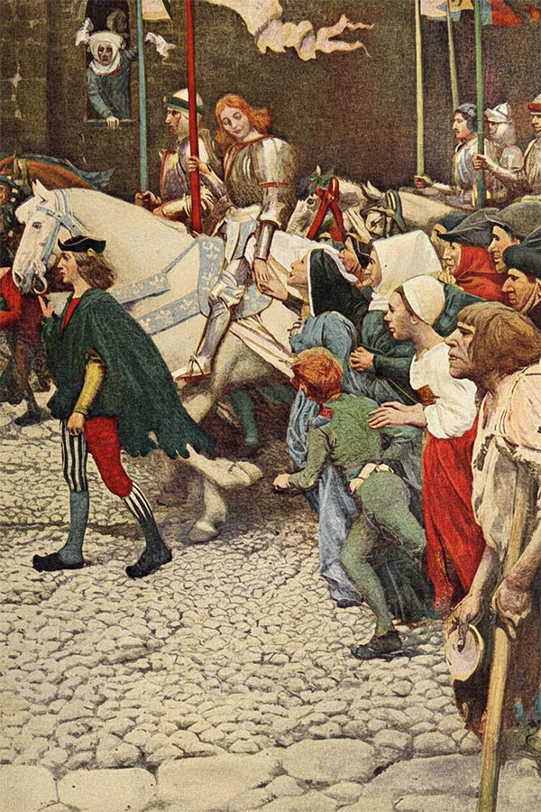 L’entrée triomphale à Reims : Mark Twain, Jeanne d'Arc, illustration de Howard Pyle, 1904